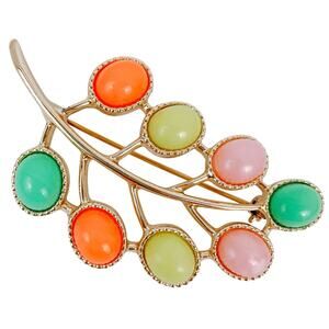 VTG Signed Sarah Coventry Leaf Brooch Pastel Cabochon 1960s Colorful Whimsical